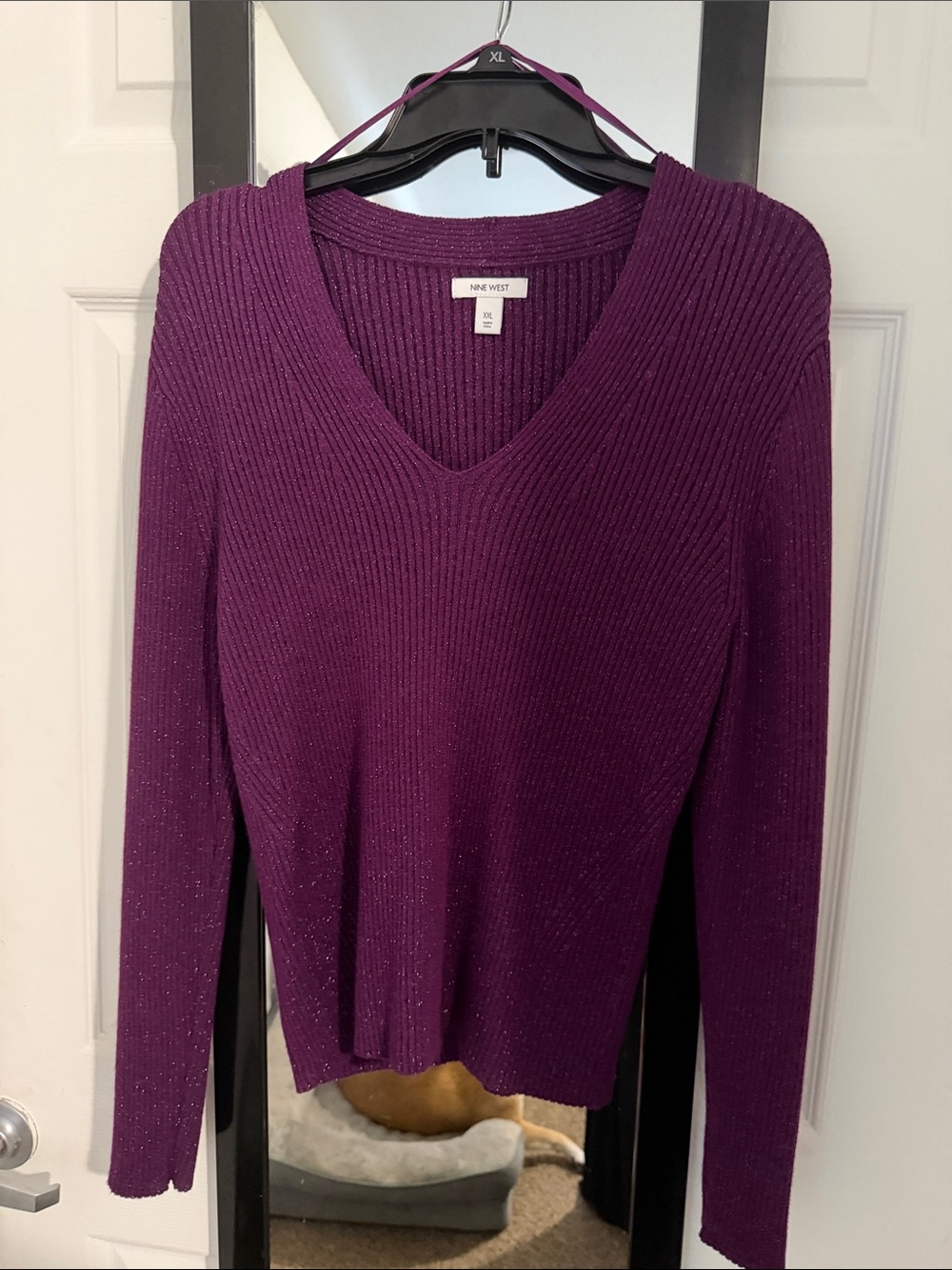 Nine West Purple V-Neck Ribbed Sparkle Sweater